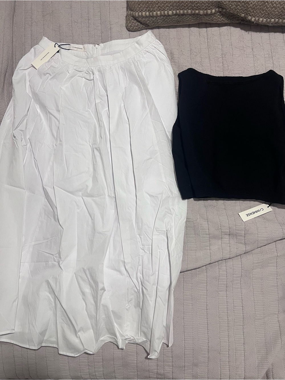 Commense White A-Line Pleated Skirt with Black Top Accent